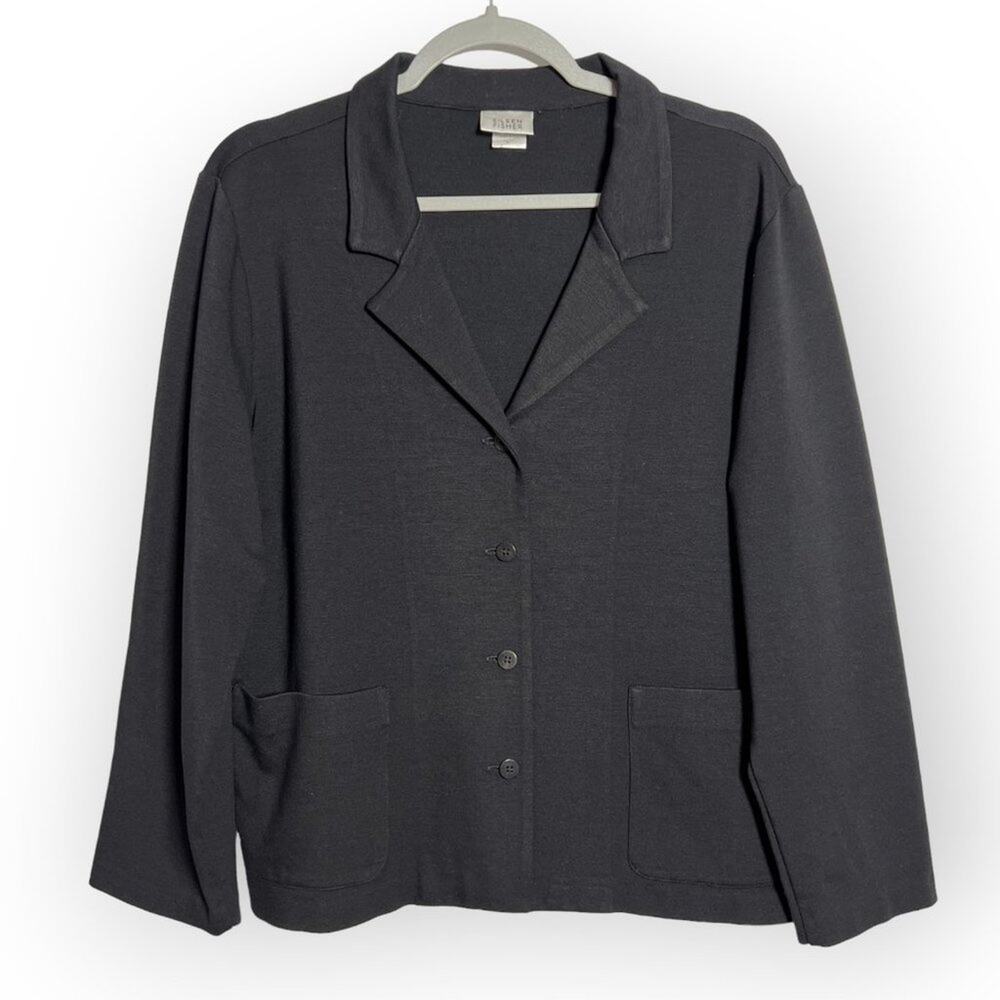 Eileen Fisher Stretch Blazer SIZE L Black Lightweight Pockets Made in USA